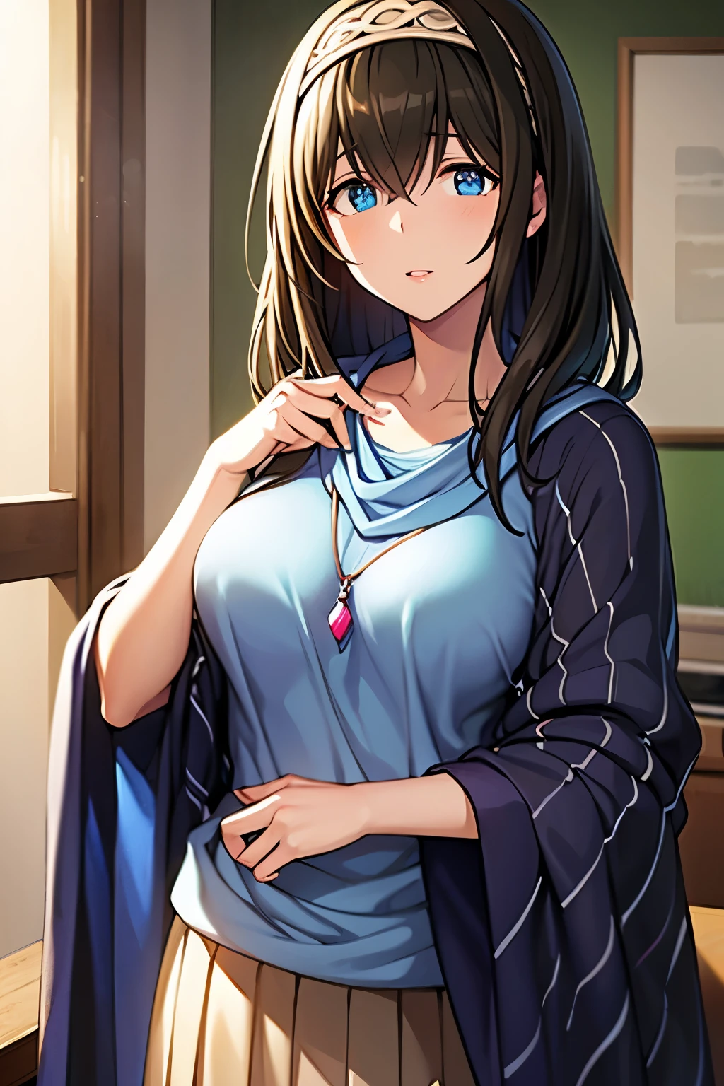 aafumika, idolmaster, long hair, hairband, collarbone, necklace, blue sweater, blue shawl, brown skirt, masterpiece, best quality, high resolution, high details