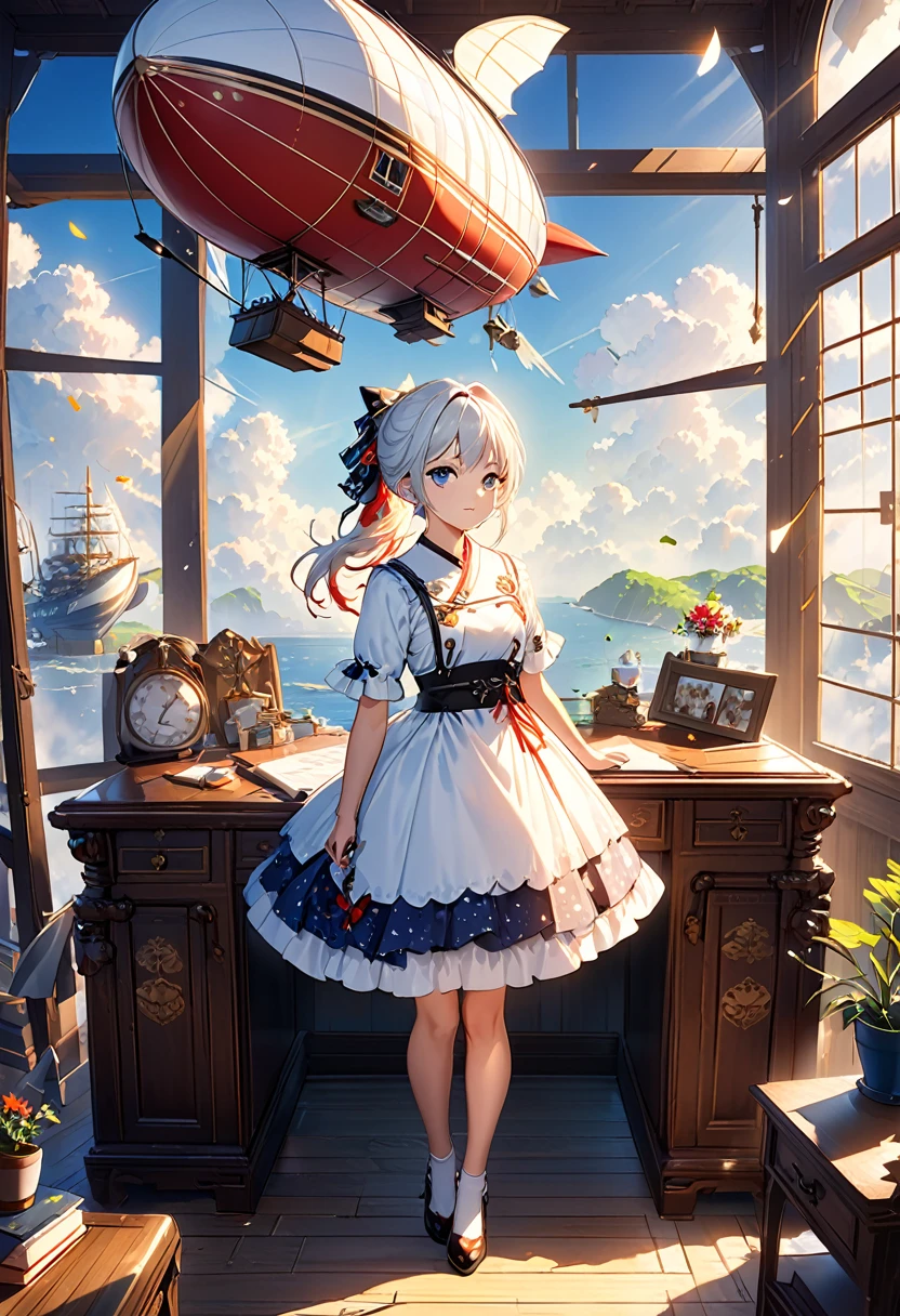 (8k、RAW Photos、Highest quality、look up:1.2、masterpiece:1.2、Genuineistic、Ultra-high resolution、High Contrast、Photon Mapping、Genuine、Very detailed、Official Art, RAW Photos、professional Lighting、 Light、Vivid atmosphere、twiceLight) (1 girl),（One white kitten）,The morning sun shines in、Airship on antique desk&#39;VIP Room、The world map expands。Use the compass、Check the direction to your destination、Girl and white kitten、Feeling Hopeful, joy, Anxiety and.。VIP Roomから見える外の世界、Stars in the sky々And the Milky Way shines、The ancient city rises into the air like a heat haze.、On the ground、Surrounded by greenery、A medieval Roman city-state on a lake、Shining in the morning atmosphere of the excitement of adventure。High Fantasy Worldview,　A magnificent composition and beautiful depiction of proportions, Guardian nebula of rainbow Light and silvery vapor, Corrosion Surrounding Ray Family Color, Slimy air,