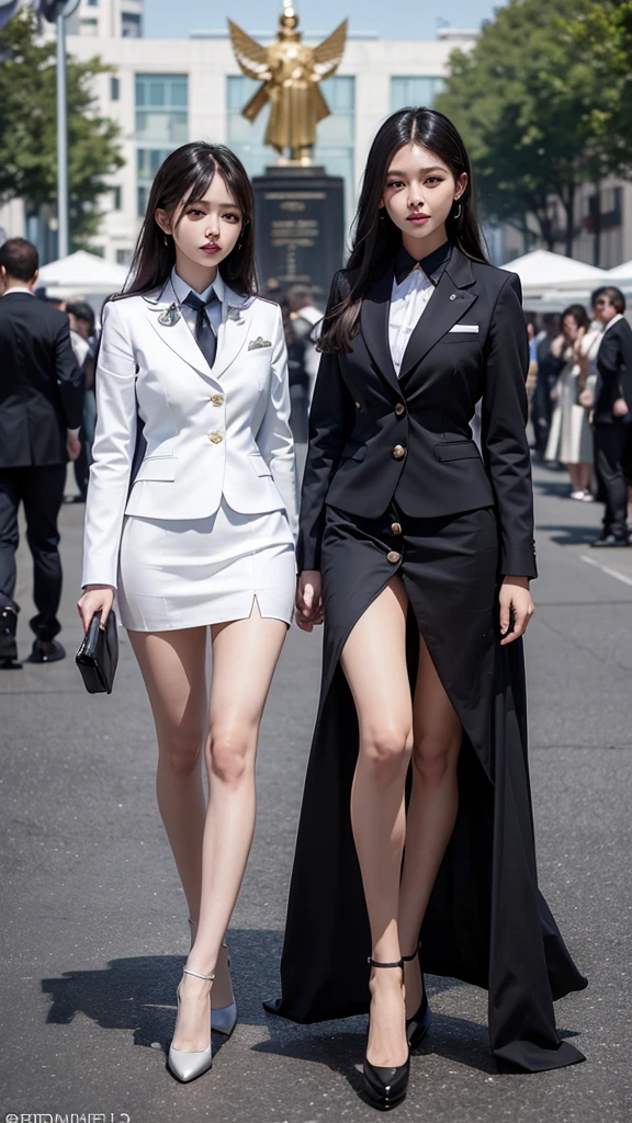 Highest quality, Masterpiece, 8D, Ultra high resolution, (reality:1.4), Two girls, beautiful expression, decorated with royal accessories, high military rank, symmetrical eyes, big, body proportionsที่สมบูรณ์แบบ, airline stewardess, ชุดสูทwhite, Short pencil skirt, high-heelsสีดำ, rift, ขนาดbig, look at the audience, (ที่ลานgardenสาธารณะ:1.2), Long legs(1.3), smile, body proportions, สวมmilitary rank insignia, Colonel rank, Monument backdrop, royal ceremony, business woman, beautiful woman, Wear a suit and tie, short skirt suit, business suitwhite, กระโปรงดินสอสั้นwhite, business suitรัดรูป, All white outfit, Emphasize the curves of the body, (สาวสวยTwo meter long hair, my hair is very long., extra long hair, long black hair), business suit, (Italian style suit, two button suit), (Italian suit, white สูท, Set of two buttons), (wearing a women&#39;s suit, Business Women Suit, white), (สูทผู้หญิงwhite), (เสื้อเชิ้ตwhite), necktie, (necktieสั้นสีดำ, necktieสีดำ, necktieผอม, ถักnecktie), (military rank insignia), (Short pencil skirtwhite), (Dynamic posts), full body, (riftขนาดมหึมา), (หน้าอกbig, thin body, small waist, hips raised, small thighs, Long legs), high-heelsสีดำ, (Short pencil skirt, white), Wearing a suit for a business woman, (Wearing a white businesสูท, business suitหญิงwhite), (tight, military regalia, เสื้อwhite, กระโปรงwhite), Long legs, (black shoes), (Two gold สูท buttons, Two meter long hair, Form fitting suit, เสื้อสูทwhiteทรงธรรมดารัดรูป), (black shoes, high-heels), (stand, walk, elegant gesture, Dynamic posts), short dress, earring, garden, Modeling, ภาพfull body, เหมือนfull body