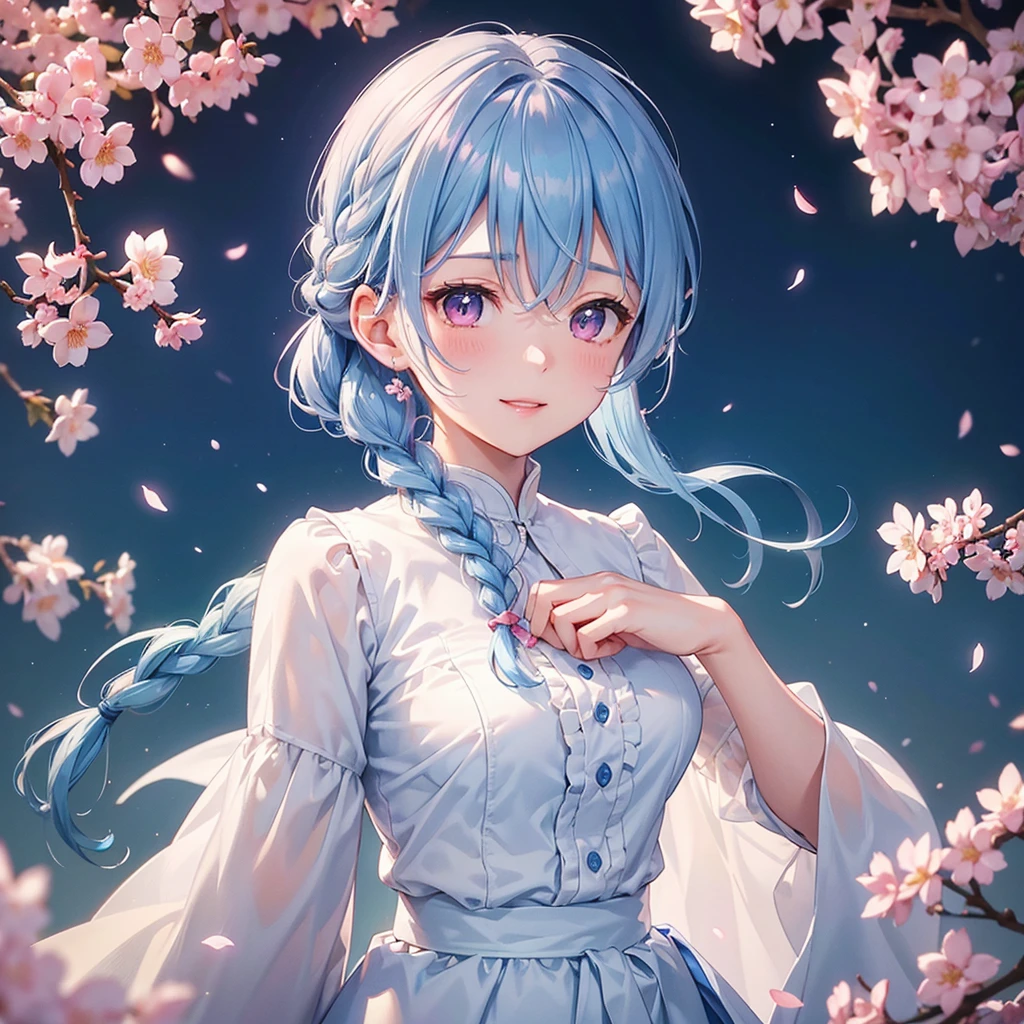 (Light blue medium hair),(Braided hair tied together)、Pink eyes、Fair skin、(whole body)、(uniform)、Cherry Blossoms at Night、A big smile、A dignified figure、solo、(masterpiece、Highest quality、Very detailed、Best Shadow)、(Detailed Background)、(Beautifully detailed face)、High contrast、(Best lighting、Very delicate and beautiful)、((Cinematic Light))、colorful、Hyper Detail、Dramatic Light、Exquisite detail、
