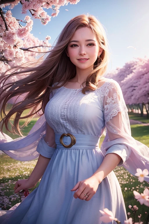 a woman in a field of blooming cherry blossoms, blue sky, wind blowing, woman's hand, smiling, holding hands, warm feeling of humanity, ethereal, serene, photorealistic, high quality, 8k, detailed, cinematic lighting, vibrant colors, masterpiece