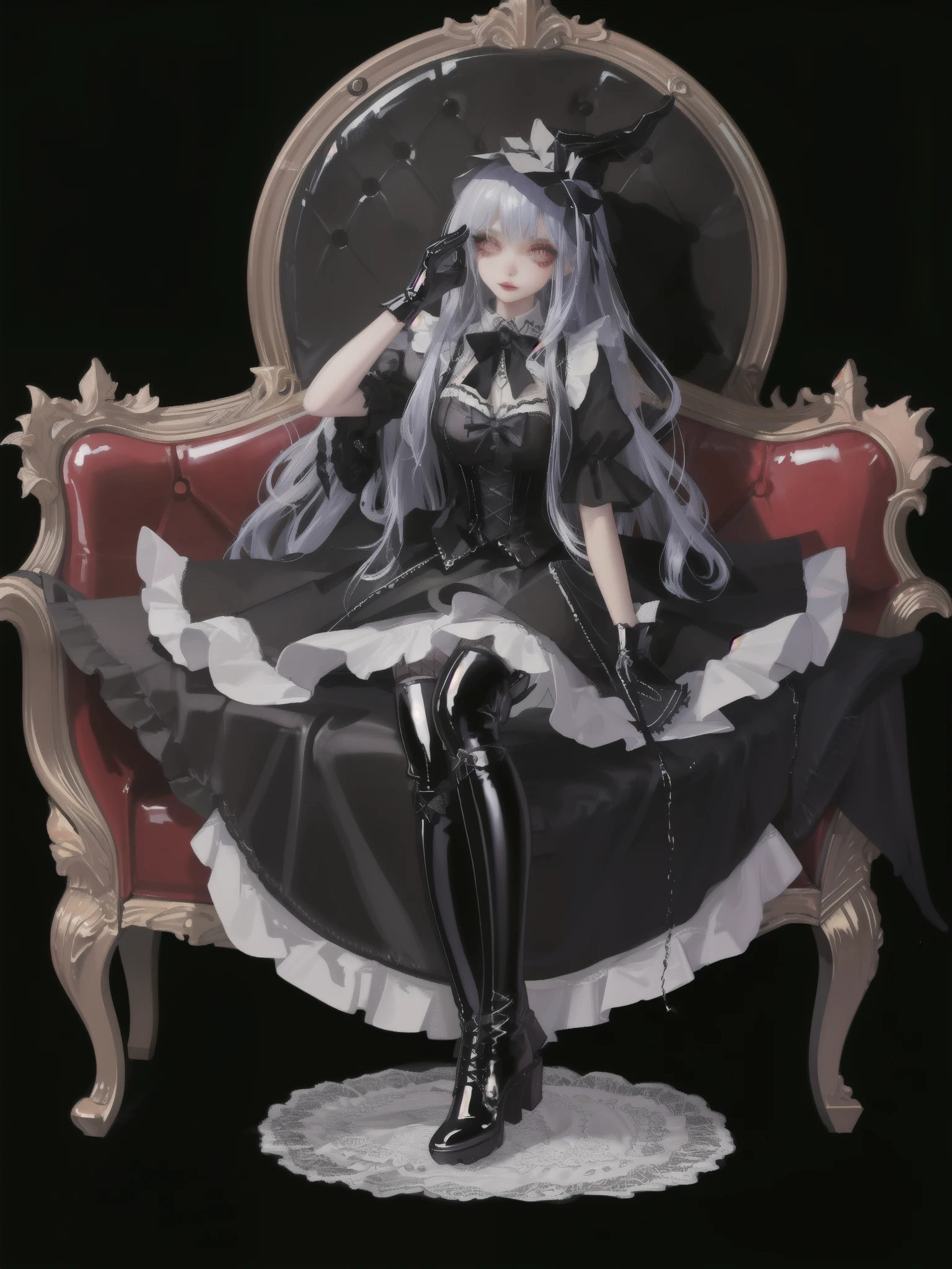 (gothic, gothic tafashion, dark persona:1), (corrupted dark magical girl, long hair:1.2), (gothic frilly lolishion dress:1.2), (latex gloves, multilayered dress:1), (shiny glossy translucent clothing, gleaming oily latex fabric:1.1), backlight, (gothiclolita boots, shoes focus, fishnet stockings:1.2), (many frills, big bow, lace:1.3), (glossy lips, eyeshadow, mascara, dark makeup:1.2), (sitting on latex sofa:1.3), (gloomy:1.1),