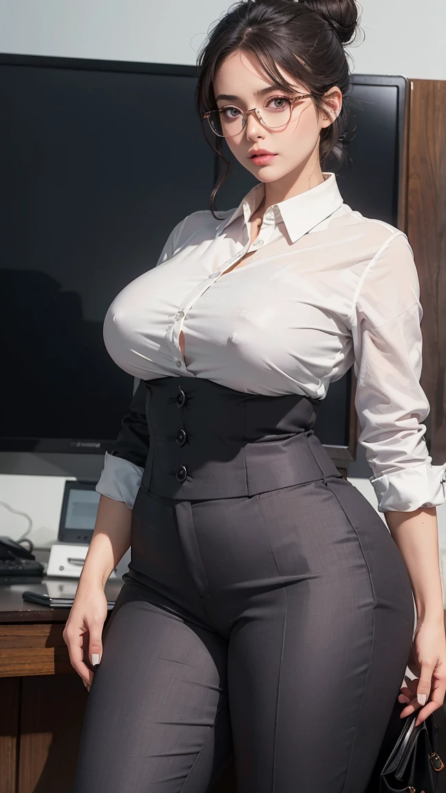 (upper body:1.2 1girl, masterpiece, best quality, ultra-detailed, illustration, finely detailed eyes and detailed face) Clothes: business grey suit pants, tight white blouse, wedding ring, Appearance: short black hair in a neat low bun, natural makeup, (purple eyes:1.05), white glasses, wide hips, massive breasts, alluring, motherly, at_the_CEO_office, looking at viewer, curvy, voluptuous, full body, CEO lady, (mature female, milf:1.1), solo, (curvy:1.1), big ass, thick thighs, milf, modern office background, buttoned up blouse, big 