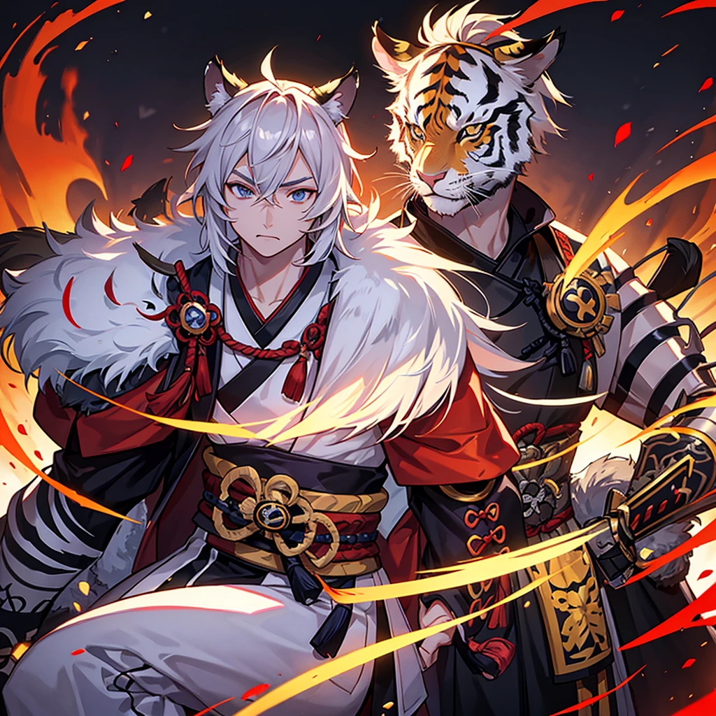 1 handsome samurai, manly, handsome, tiger , , demon slayer, 8k, hd, unreal engine,