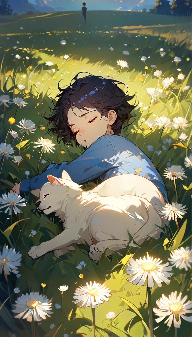 masterpiece, best quality, 8k, 4k, 1boy, ???, sleeping, dark blue hair with red stripes, blue long sleeve shirt, short pale brown pants with pocket, lay down on the field, white puppy sleeping next to the boy, siberian white puppy, white dandelions fields, dandelions Taraxacum erythrosperm, wind blowing, sleeping on the fields, finely detailed eyes and detailed face, inspired by Asukaziye artist : ask, art style : ask