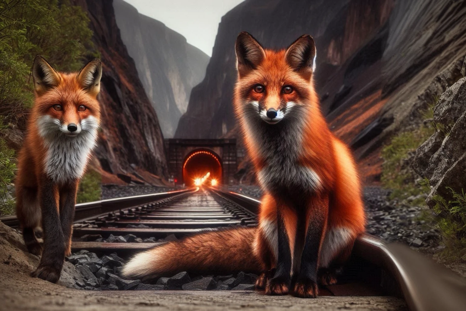 fox，Mountains，river，railway，tunnel，
