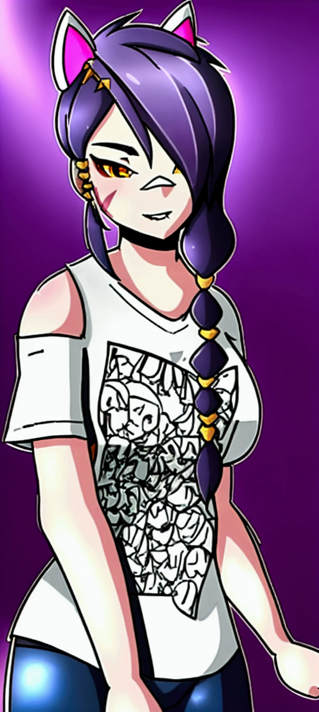 1 girl, Alone, wide, looking at the viewer, black fur, bandage on face, yellow eyes, animal ears, SMILE, bandage on nose, braid, cat ears, bandage, hits, old, fake animal ears, simple background, Open mouth, canine, , bare shoulders, SCAR, teeth, shirt, bare shoulders, white shirt, short sleeves, Closed mouth, t-shirt, hair over one eye, portrait, if, hair over the shoulder, Bermuda,1 girl, Lamia, scales, White shirt, whole body, original character, volumetric lighting, best shadows, shallow depth of field, Incredibly beautiful girl, , Delicate beautiful attractive face