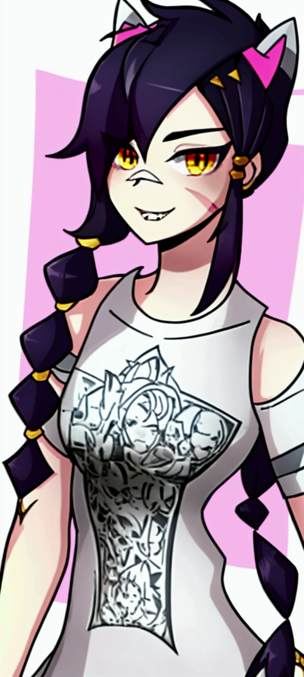 1 girl, Alone, wide, looking at the viewer, black fur, bandage on face, yellow eyes, animal ears, SMILE, bandage on nose, braid, cat ears, bandage, hits, old, fake animal ears, simple background, Open mouth, canine, , bare shoulders, SCAR, teeth, shirt, bare shoulders, white shirt, short sleeves, Closed mouth, t-shirt, hair over one eye, portrait, if, hair over the shoulder, Bermuda,1 girl, Lamia, scales, White shirt, whole body, original character, volumetric lighting, best shadows, shallow depth of field, Incredibly beautiful girl, , Delicate beautiful attractive face