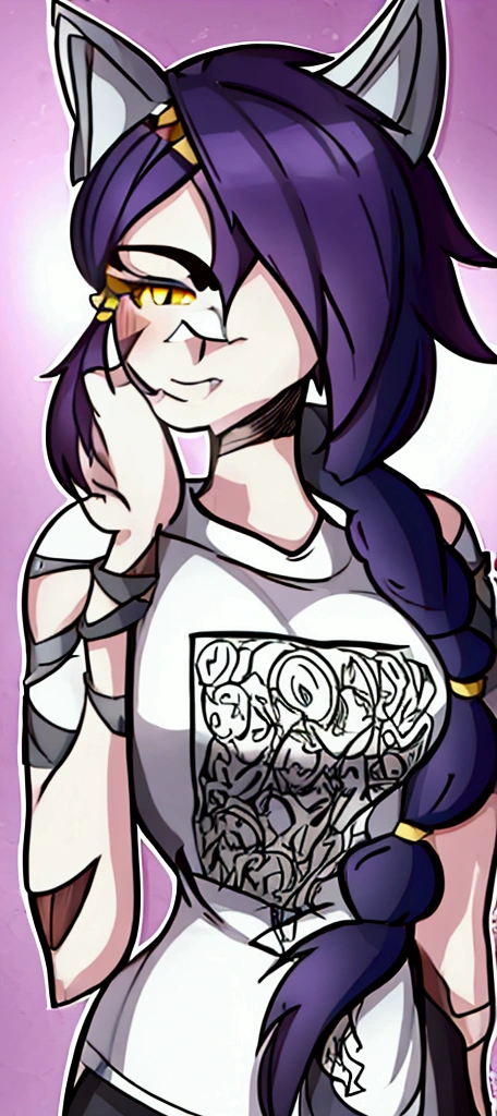 1 girl, Alone, wide, looking at the viewer, black fur, bandage on face, yellow eyes, animal ears, SMILE, bandage on nose, braid, cat ears, bandage, hits, old, fake animal ears, simple background, Open mouth, canine, , bare shoulders, SCAR, teeth, shirt, bare shoulders, white shirt, short sleeves, Closed mouth, t-shirt, hair over one eye, portrait, if, hair over the shoulder, Bermuda,1 girl, Lamia, scales, White shirt, whole body, original character, volumetric lighting, best shadows, shallow depth of field, Incredibly beautiful girl, , Delicate beautiful attractive face