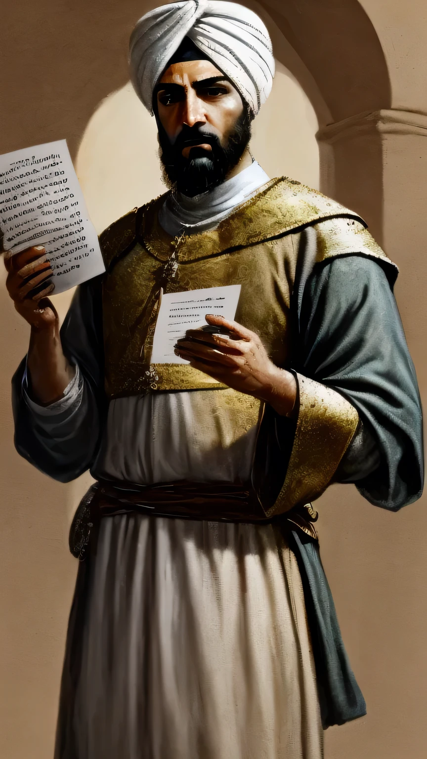 painting style , 4k, medieval period , a minister from Persian empire reading a letter holding in his hand while standing, wearing turban on his head, looking surprised and shocked