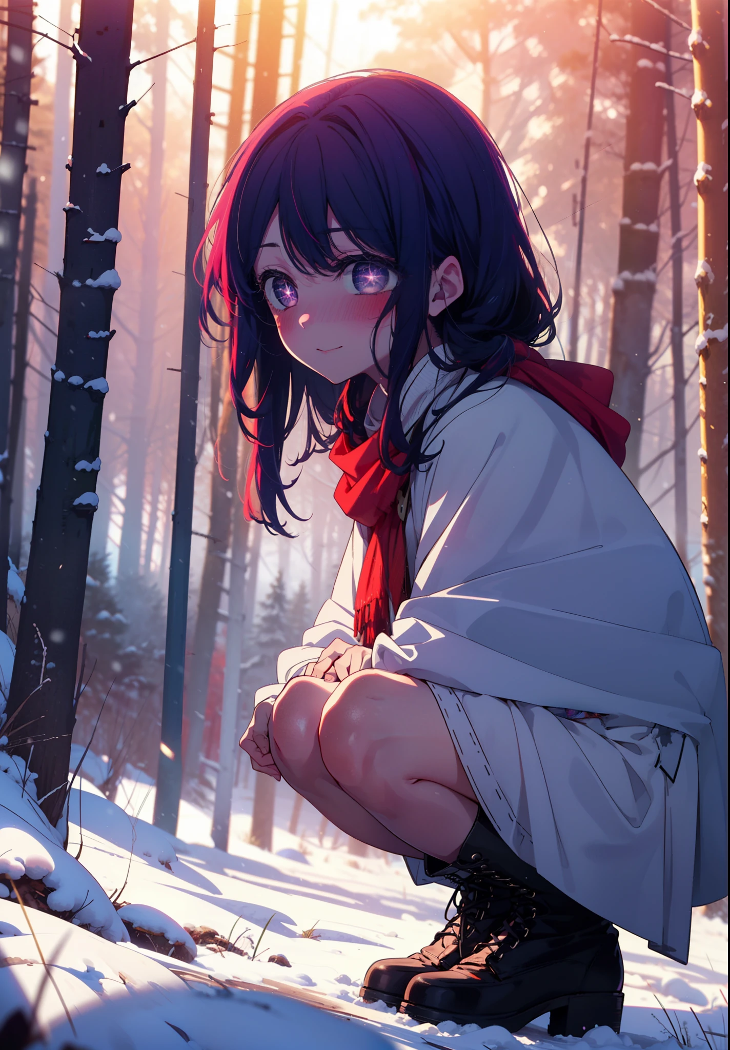 aihoshino, Ai Hoshino, Long Hair, bangs, (Purple eyes:1.1), Purple Hair, (Symbol-shaped pupil:1.5), smile,,smile,blush,white breath,
Open your mouth,snow,Ground bonfire, Outdoor, boots, snowing, From the side, wood, suitcase, Cape, Blurred, , forest, White handbag, nature, Squat, Mouth closed, Cape, winter, Written boundary depth, Black shoes, red Cape break looking at viewer, Upper Body, whole body, break Outdoor, forest, nature, break (masterpiece:1.2), Highest quality, High resolution, unity 8k wallpaper, (shape:0.8), (Beautiful and beautiful eyes:1.6), Highly detailed face, Perfect lighting, Highly detailed CG, (Perfect hands, Perfect Anatomy),