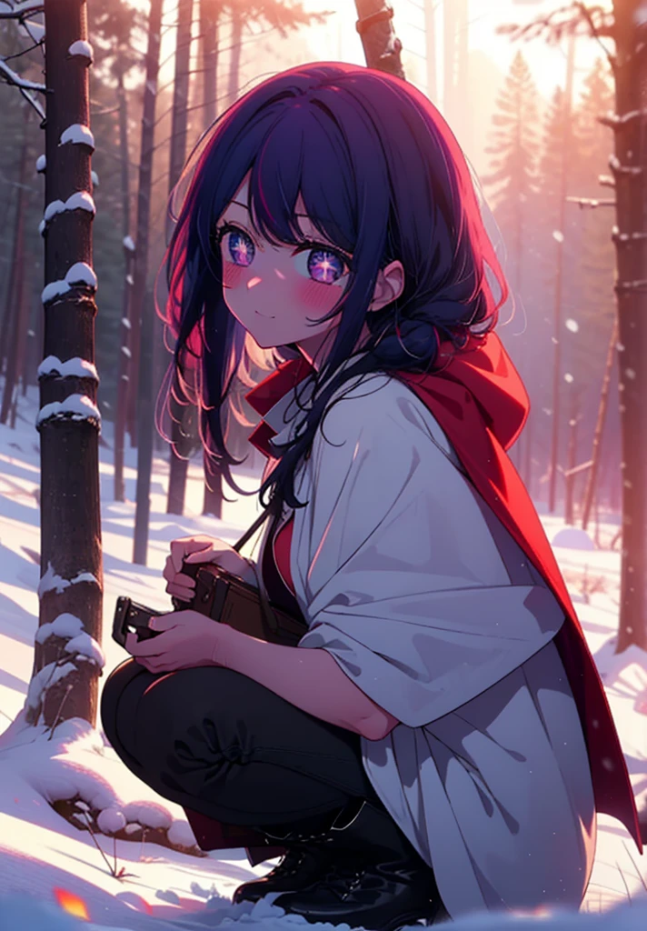 aihoshino, Ai Hoshino, Long Hair, bangs, (Purple eyes:1.1), Purple Hair, (Symbol-shaped pupil:1.5), smile,,smile,blush,white breath,
Open your mouth,snow,Ground bonfire, Outdoor, boots, snowing, From the side, wood, suitcase, Cape, Blurred, , forest, White handbag, nature, Squat, Mouth closed, Cape, winter, Written boundary depth, Black shoes, red Cape break looking at viewer, Upper Body, whole body, break Outdoor, forest, nature, break (masterpiece:1.2), Highest quality, High resolution, unity 8k wallpaper, (shape:0.8), (Beautiful and beautiful eyes:1.6), Highly detailed face, Perfect lighting, Highly detailed CG, (Perfect hands, Perfect Anatomy),
