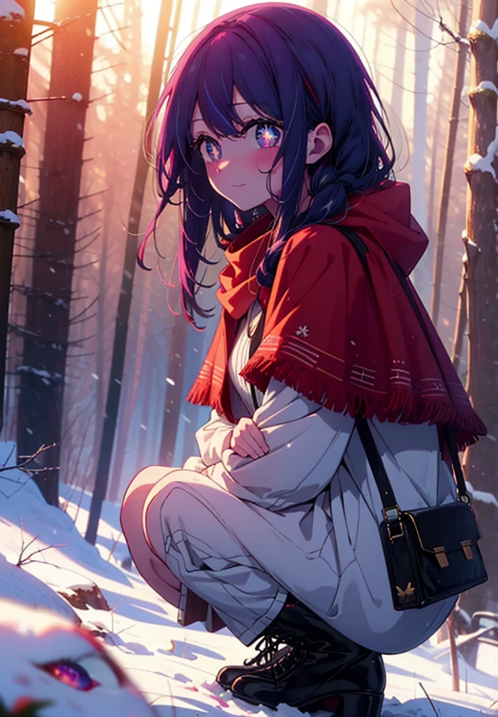 aihoshino, Ai Hoshino, Long Hair, bangs, (Purple eyes:1.1), Purple Hair, (Symbol-shaped pupil:1.5), smile,,smile,blush,white breath,
Open your mouth,snow,Ground bonfire, Outdoor, boots, snowing, From the side, wood, suitcase, Cape, Blurred, , forest, White handbag, nature,  Squat, Mouth closed, Cape, winter, Written boundary depth, Black shoes, red Cape break looking at viewer, Upper Body, whole body, break Outdoor, forest, nature, break (masterpiece:1.2), Highest quality, High resolution, unity 8k wallpaper, (shape:0.8), (Beautiful and beautiful eyes:1.6), Highly detailed face, Perfect lighting, Highly detailed CG, (Perfect hands, Perfect Anatomy),