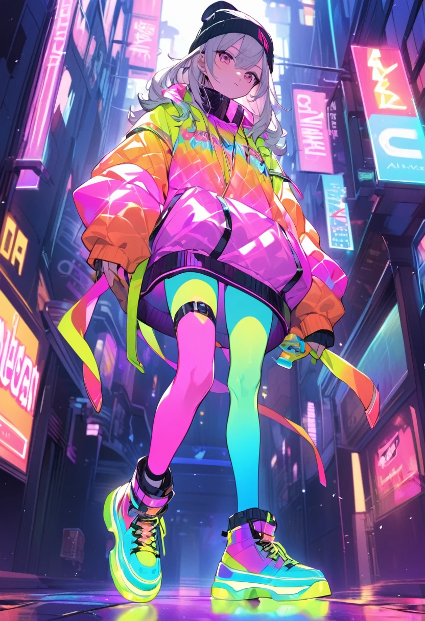 A teenager in the style of killing Matt, dressed in a glittering neon costume, and stepping on a pair of fashionable beanie shoes.