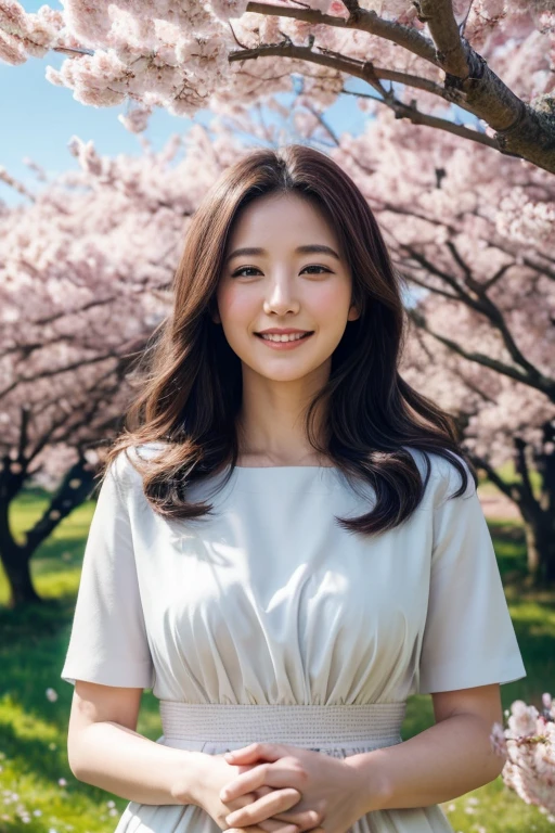 a woman in a field of blooming cherry blossoms, blue sky, wind blowing, woman's hand, smiling, holding hands, warm feeling of humanity, ethereal, serene, photorealistic, high quality, 8k, detailed, cinematic lighting, vibrant colors, masterpiece