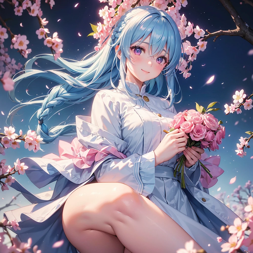 (Light blue medium hair),(Braided hair tied together)、Pink eyes、Fair skin、(whole body)、(uniform)、Cherry Blossoms at Night、A big smile、A dignified figure、solo、(masterpiece、Highest quality、Very detailed、Best Shadow)、(Detailed Background)、(Beautifully detailed face)、High contrast、(Best lighting、Very delicate and beautiful)、((Cinematic Light))、colorful、Hyper Detail、Dramatic Light、Exquisite detail、