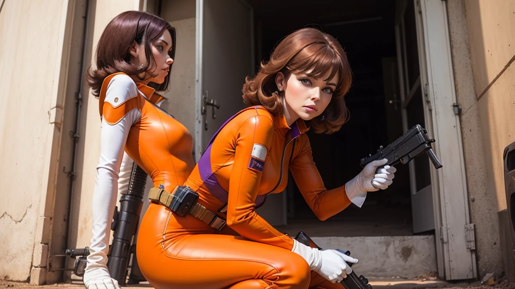 woman in orange and whtie catsuit, 60s,60s hair, white boots, gun, purple gloves, brown hair