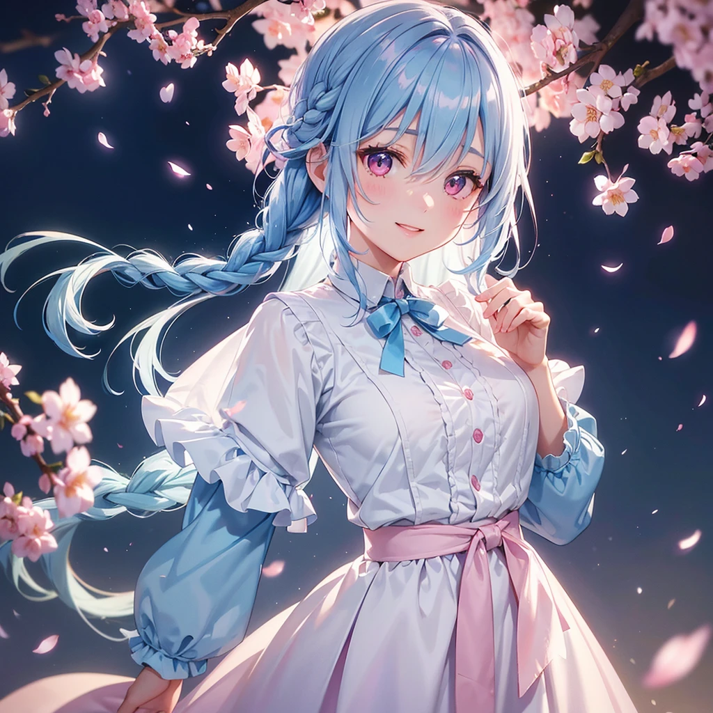 (Light blue medium hair),(Braided hair tied together)、Pink eyes、Fair skin、(whole body)、(uniform)、Cherry Blossoms at Night、A big smile、A dignified figure、solo、(masterpiece、Highest quality、Very detailed、Best Shadow)、(Detailed Background)、(Beautifully detailed face)、High contrast、(Best lighting、Very delicate and beautiful)、((Cinematic Light))、colorful、Hyper Detail、Dramatic Light、Exquisite detail、