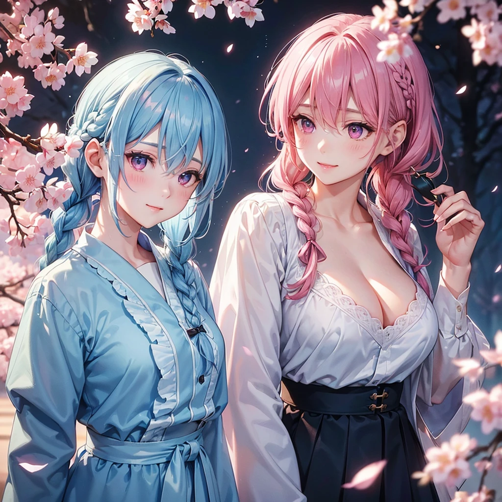 (Light blue medium hair),(Braided hair tied together)、Pink eyes、Fair skin、(whole body)、(uniform)、Cherry Blossoms at Night、A big smile、A dignified figure、solo、(masterpiece、Highest quality、Very detailed、Best Shadow)、(Detailed Background)、(Beautifully detailed face)、High contrast、(Best lighting、Very delicate and beautiful)、((Cinematic Light))、colorful、Hyper Detail、Dramatic Light、Exquisite detail、