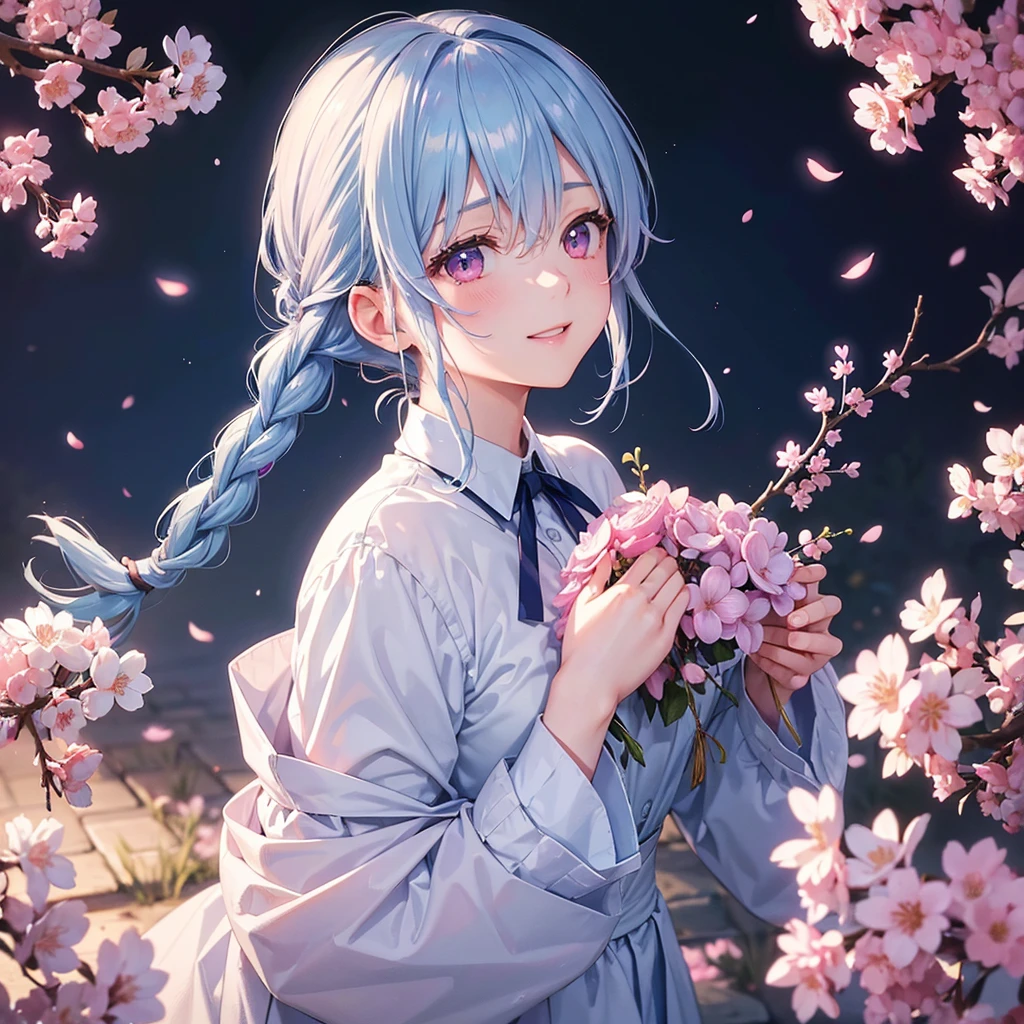 (Light blue medium hair),(Braided hair tied together)、Pink eyes、Fair skin、(whole body)、(uniform)、Cherry Blossoms at Night、A big smile、A dignified figure、solo、(masterpiece、Highest quality、Very detailed、Best Shadow)、(Detailed Background)、(Beautifully detailed face)、High contrast、(Best lighting、Very delicate and beautiful)、((Cinematic Light))、colorful、Hyper Detail、Dramatic Light、Exquisite detail、