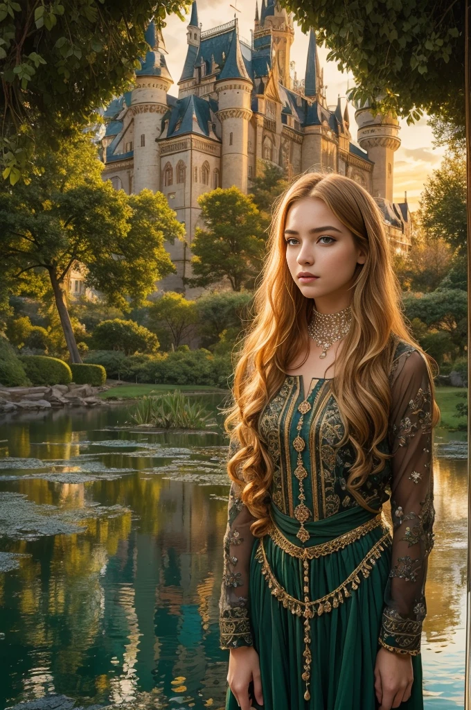 Masterpiece, a detailed portrait of two beautiful 14 years old young girls standing in a lush green garden in front of a majestic castle, high detailed face, thin face, beautiful face, high detailes eyes, skinny body, light brown hair, blonde hair, ginger hair, the castle's reflection perfectly mirrored in the calm waters of a lake, the girls gazing out at the serene scene, their expressions filled with wonder, extremely detailed faces, beautiful eyes, delicate features, long flowing hair, ornate dresses, intricate castle architecture, glowing sunset lighting, vibrant colors, photorealistic, (best quality,8k,highres,masterpiece:1.2),ultra-detailed,(realistic,photorealistic,photo-realistic:1.37), 2girls, castle, lake, reflection, garden, sunset, ornate, beautiful, detailed, serene, wonder, vibrant, 8K, ultra high res.photorealistic, UHD, RAW, DSLR, natural lighting