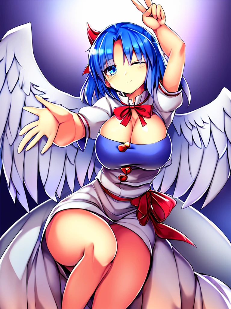 (best quality,4k,8k,highres,masterpiece:1.2), ultra-detailed, highly detailed texture, intricate details, high quality textures, A cute teenage angel with blue eyes, drawn in anime style, 1girl, , , 10 years old, medium blue hair, hair flaps, pink ribbon on head, well-formed face, blue eyes, angel girl, white blouse, puffy short sleeves, red ribbon, angel wings, long white skirt, red shoes, frills, ribbon head, A pair of angel wings on the back, clean line drawings, from behind, to lift up one’s skirt, cowboy shot, from front, standing , raise one leg, crossed arms, arms up behind, arms behind back, hand between legs, put hands hip, one hand on hip, forward hands, arms raised in the air, punch hands, peace sign, waving, put up index finger, sit, lie down, closed eyes, lie face down, looking back, put one hand chest, leaning forward, cleavage, close up, horizontally outstretched arms, horizontally outstretched legs, front view, front face, huge breasts for short stature