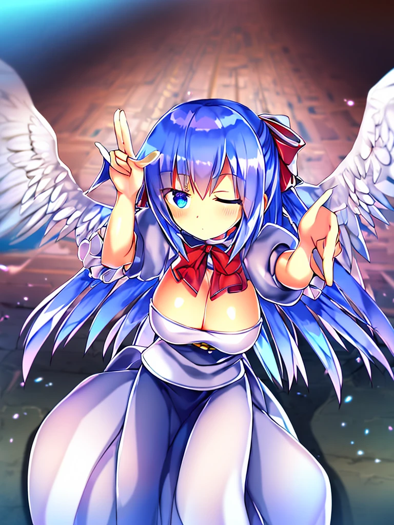 (best quality,4k,8k,highres,masterpiece:1.2), ultra-detailed, highly detailed texture, intricate details, high quality textures, A cute teenage angel with blue eyes, drawn in anime style, 1girl, , , 10 years old, medium blue hair, hair flaps, pink ribbon on head, well-formed face, blue eyes, angel girl, white blouse, puffy short sleeves, red ribbon, angel wings, long white skirt, red shoes, frills, ribbon head, A pair of angel wings on the back, clean line drawings, from behind, to lift up one’s skirt, cowboy shot, from front, standing , raise one leg, crossed arms, arms up behind, arms behind back, hand between legs, put hands hip, one hand on hip, forward hands, arms raised in the air, punch hands, peace sign, waving, put up index finger, sit, lie down, closed eyes, lie face down, looking back, put one hand chest, leaning forward, cleavage, close up, horizontally outstretched arms, horizontally outstretched legs, front view, front face, huge breasts for short stature