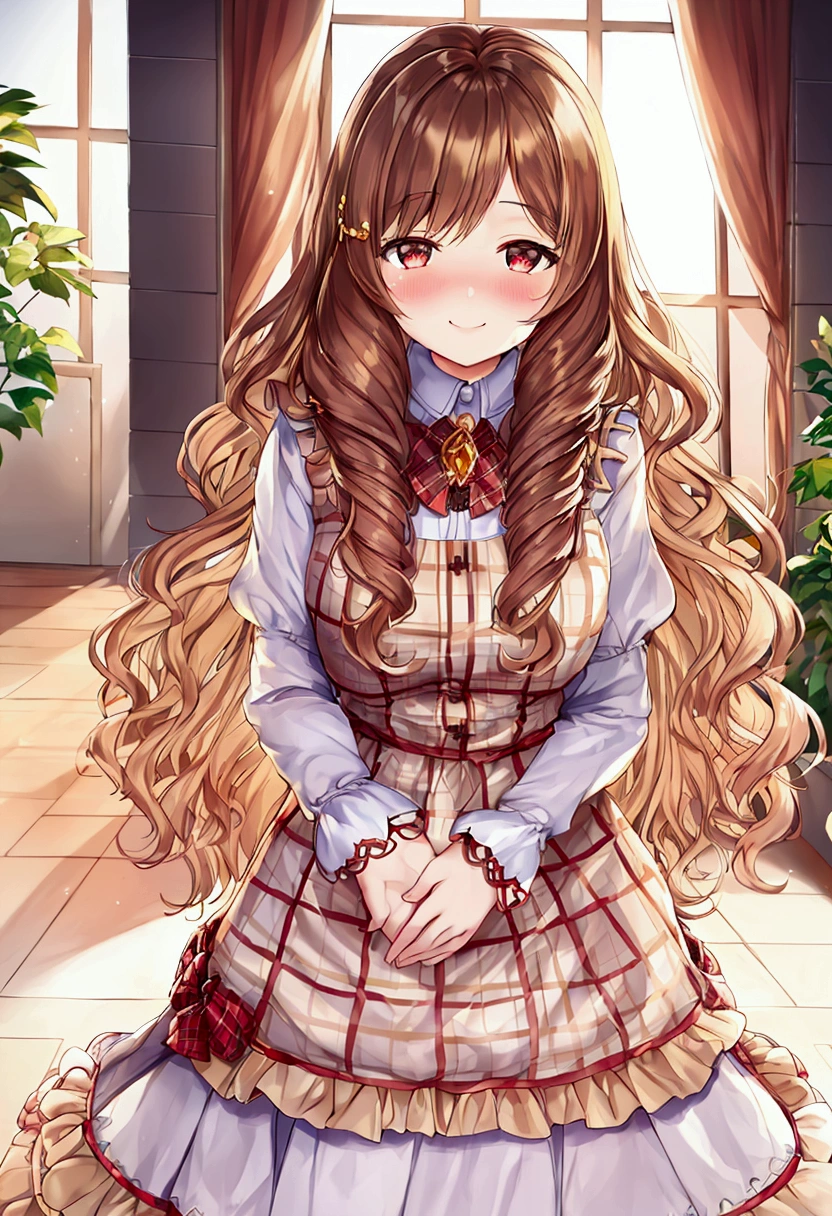 Very beautiful and sweet women, with innocent shy facial expression with sweet smile, long wavy honey brown hair, white skin complexion, brown doe eyes. Very detailed. cute plaid dress, blushing rosy cheeks, , chubby and adorable