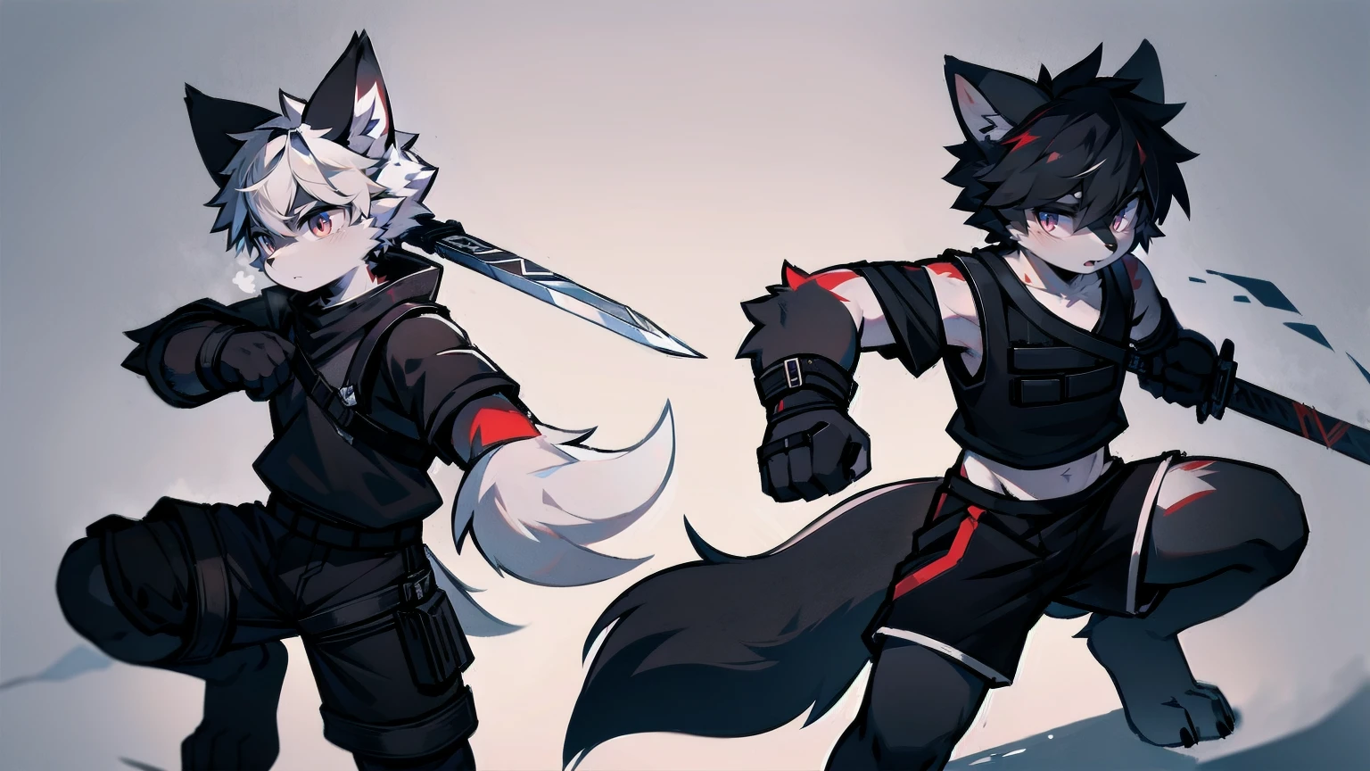 White Wolf,black hair,Red eyes,Wolf ears,Wolf Tail,juvenile,male,hairy,Hair,Half body armor,Combat uniform,Silver and black clothing,Handsome,Handsome,shorts,The forearm is exposed,leg,Fighting Stance,Duel,Two people,Anxious,Armed with a sword,Simple background,Swords