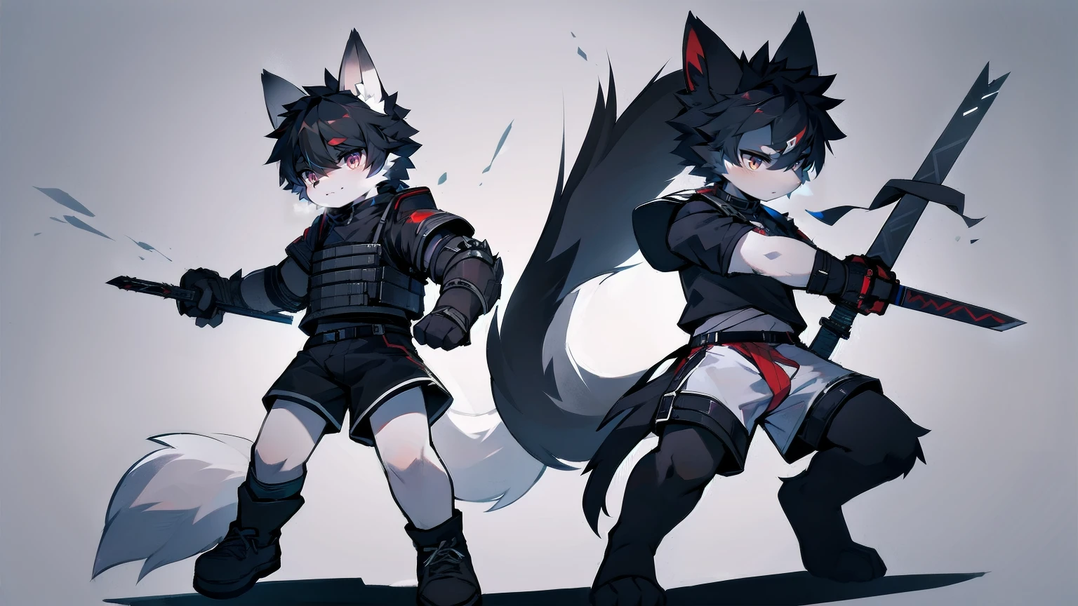 White Wolf,black hair,Red eyes,Wolf ears,Wolf Tail,juvenile,male,hairy,Hair,Half body armor,Combat uniform,Silver and black clothing,Handsome,Handsome,shorts,The forearm is exposed,leg,Fighting Stance,Duel,Two people,Anxious,Armed with a sword,Simple background,Swords