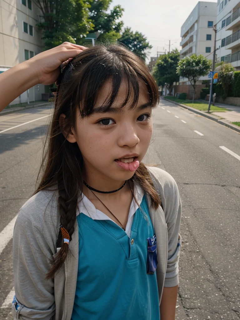 A 14-year-old student stood on the road、Tie your hair、looking into camera、Biting a rubber band in his mouth