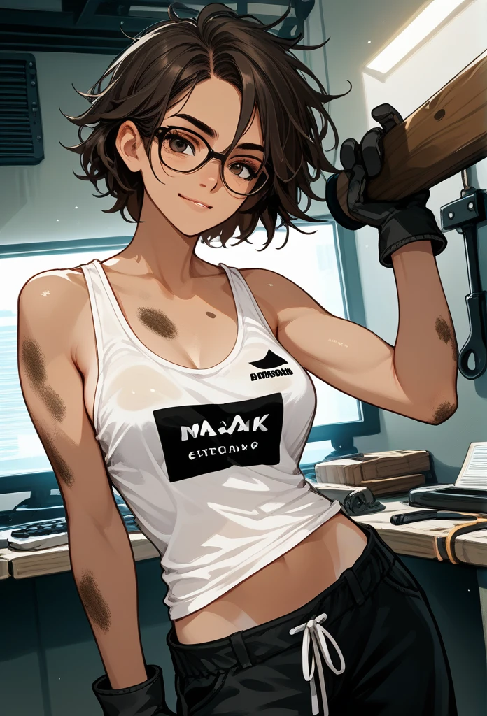 masterpiece, best quality, mature woman, messy hair, black hair, brunette gradient hair color, hot face, (tomboy face), tan skin, mature body, fit body, medium breasts, mechanic gloves, (dirty tank top), stained tank top, midriff, white bandana, mechanic pants, loose pants, workshop