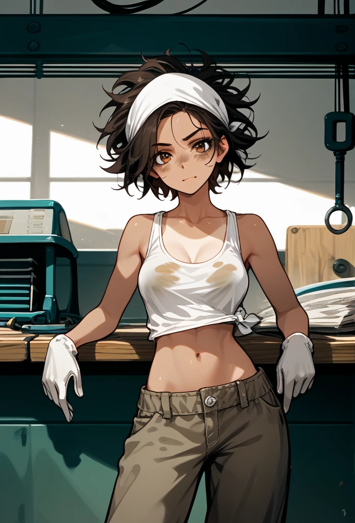masterpiece, best quality, mature woman, messy hair, black hair, brunette gradient hair color, hot face, (tomboy face), tan skin, mature body, fit body, medium breasts, mechanic gloves, (dirty tank top), stained tank top, midriff, white bandana, mechanic pants, loose pants, workshop
