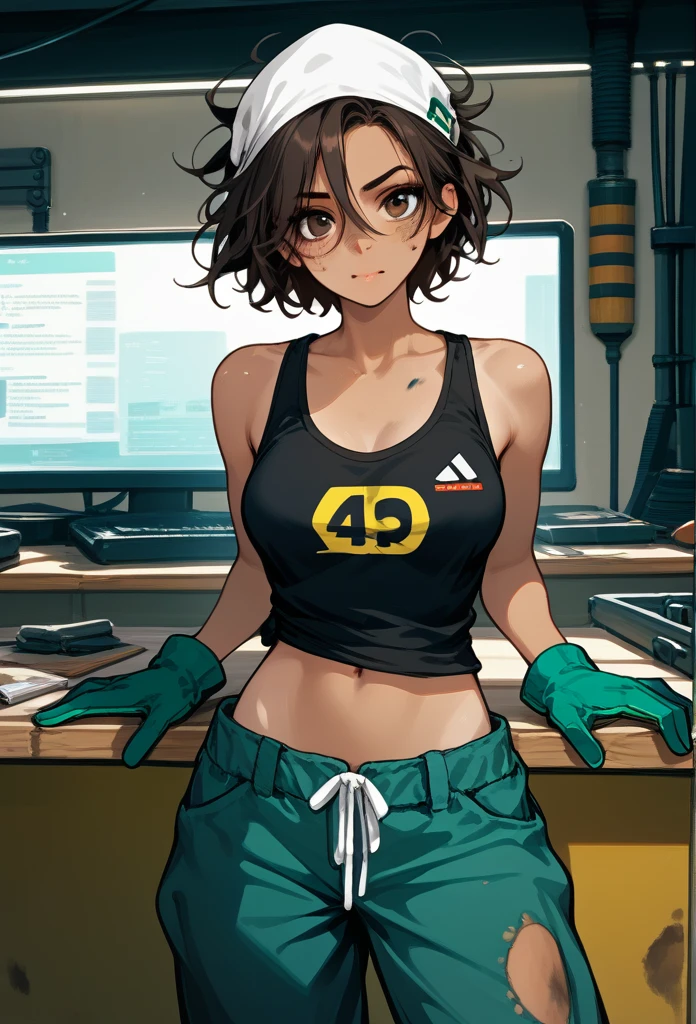 masterpiece, best quality, mature woman, messy hair, black hair, brunette gradient hair color, hot face, (tomboy face), tan skin, mature body, fit body, medium breasts, mechanic gloves, (dirty tank top), stained tank top, midriff, white bandana, mechanic pants, loose pants, workshop
