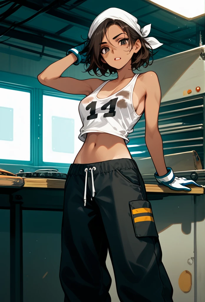 masterpiece, best quality, mature woman, messy hair, black hair, brunette gradient hair color, hot face, (tomboy face), tan skin, mature body, fit body, medium breasts, mechanic gloves, (dirty tank top), stained tank top, midriff, white bandana, mechanic pants, loose pants, workshop