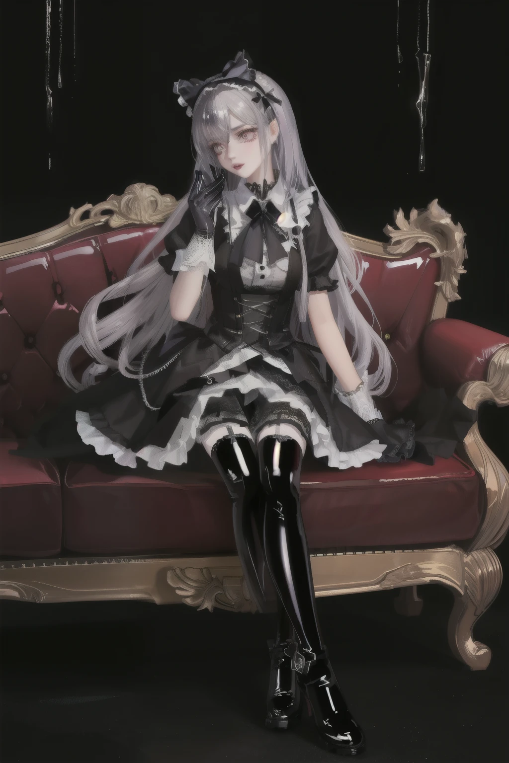 (gothic, gothic tafashion, dark persona:1), (corrupted dark magical girl, long hair:1.2), (gothic frilly lolishion dress:1.2), (latex gloves, multilayered dress:1), (shiny glossy translucent clothing, gleaming oily latex fabric:1.1), backlight, (gothiclolita boots, shoes focus, fishnet stockings:1.2), (many frills, big bow, lace:1.3), (glossy lips, eyeshadow, mascara, dark makeup:1.2), (sitting on latex sofa:1.3), (gloomy:1.1),