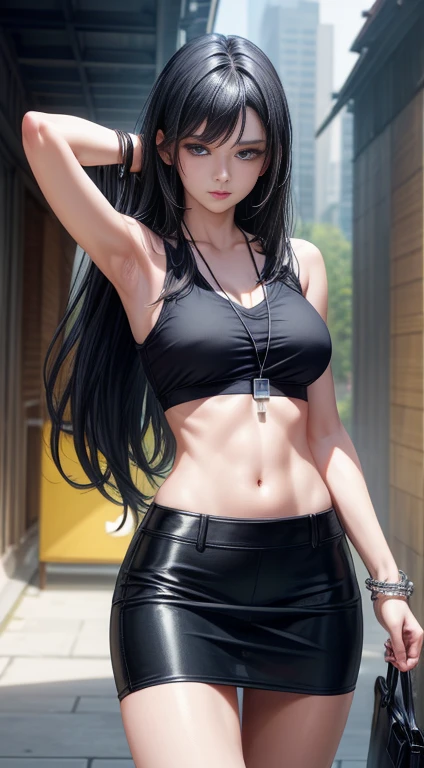 (masterpiece:1.3), High resolution, Super detailed, Highly detailed CG Unity 8K wallpaper, realistic, photo-realistic, Raw photo, Beautiful and dense face, pale skin, realistic glistening skin, fine cloth texture, detailed hair texture, perfect body, beautiful face, Accurate, anatomically correct, Highly detailed face and skin texture, natural neck length, (beautiful hands), (Fair skin:1.2), thin legs, thin legs,
a woman with long black hair is posing with her ear against one ear, 1girl, id card, solo, blue eyes, black hair, skirt, lanyard, black nails, long hair, shirt, bracelet, sleeveless, black skirt, office lady, looking at viewer, nail polish, sleeveless shirt, bangs, white shirt, jewelry