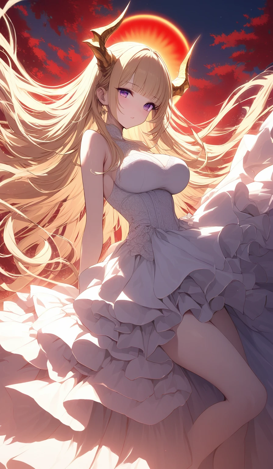 Masterpiece, very detailed, ultra detailed, alone, (1 woman), she is in a white lace and detailed dress, and in an elegant position, she is tall, long golden hair and bangs on the sides, golden demonic horns, beautiful, charming, purple eyes, elegant, big breasts, cute face, charming, she stands against the background of red trees and the big sun.