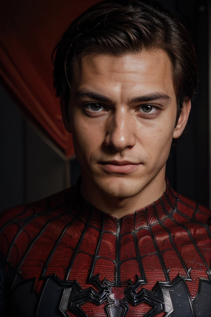 A photograph of spider man, no mask, 20 yo, handsome, detailed face, looking at camera, portrait, 8k uhd, high quality