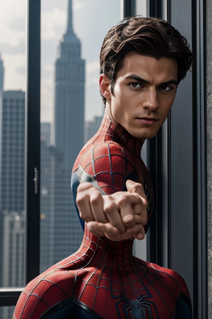 A photograph of Spider-Man., sin mascara, the 20s, elegant, detailed face, looking to the camera, portrait, 8k hd, high quality