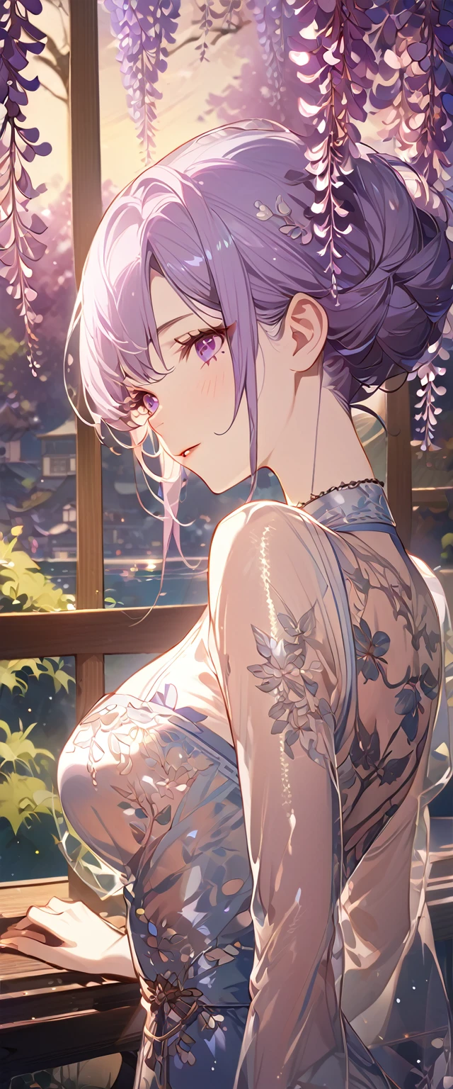 wisteria flower, wisteria tree, wisteria background, 8k ,4k , best quality, high quality, masterpiece, transparent clothes, embroidery  clothes, big chest, all kind of hairstyle, inspired by Asukaziye artist : ask, art style : ask