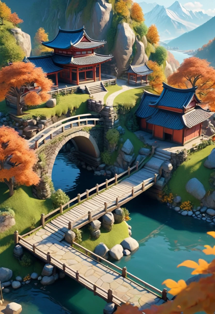 (Isometric Art:1.5)，The art of math，Dreamlike scenery，(Mountains、Fall:1.6)，Around the mountain road，Ancient bridge，pavilion，river，Small boat，small village，(high quality，Masterpiece，Octane Rendering，Ray Tracing，Extremely detailed，3d，8k:1.5)