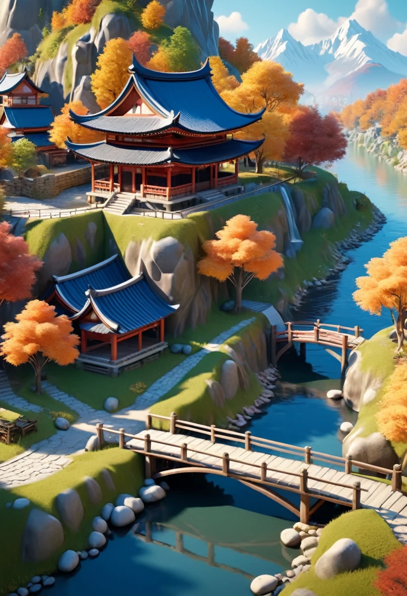 (Isometric Art:1.5)，The art of math，Dreamlike scenery，(Mountains、Fall:1.6)，Around the mountain road，Ancient bridge，pavilion，river，Small boat，small village，(high quality，Masterpiece，Octane Rendering，Ray Tracing，Extremely detailed，3d，8k:1.5)