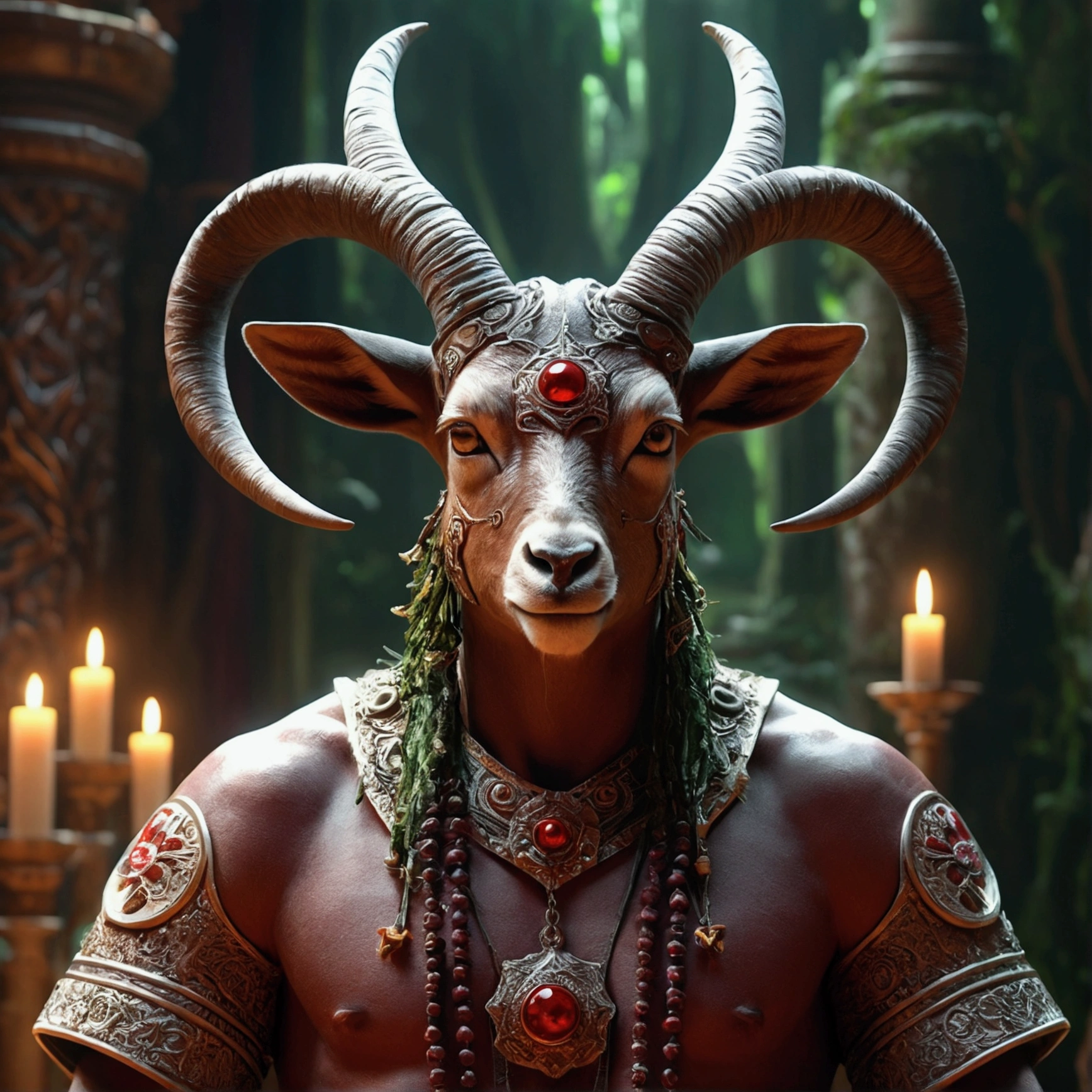 male Fawn Pan humanoid with horns goat head flute in a temple, lust forest, heretic symbols, multi many eyes, green bordeaux wine brown tints, shockwaves, lots of symbols and mess in background, intricate, highly detailed (best quality,4K,8k,highres,masterpiece:1.2),ultra-detailed,(realistic,photorealistic,photo-realistic:1.37),HDR,uhd,studio lighting,ultra-fine painting,sharp focus,physically-based rendering,extreme detail description,professional,vivid colors,bokeh,portraits,concept artists,horor attention:In order to generate images in a high-detailed Art style,It is recommended that when outputting,Label the following(Recommended lighting effects and Art style)Used in conjunction with the content generated above: Art style: horor, concept artists color shades: red black white tints lighting: The Stable Diffusion prompt generated by studio lighting in this way will describe the picture you need in detail and with high quality.。full body, no portrait,