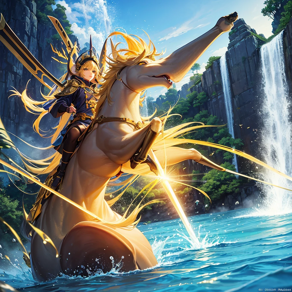Masterpiece, top quality, 8k, girl in Ghibli style ninja outfit, riding on golden wolf's back. , with magically glowing sword, large waterfall cascading straight down. The surface of the water glistening in the pool.