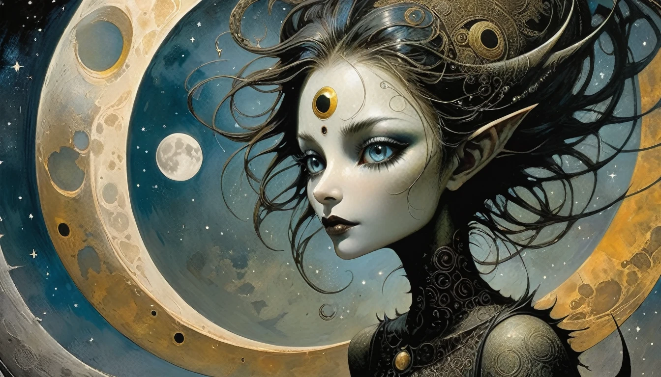 the moon, Artwork inspired by Dave Mckean, intricate details, oil painted, no human
