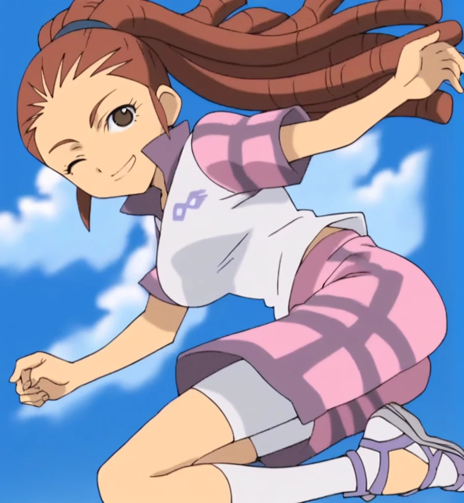 score_9, score_8_superior, score_7_superior, score_6_superior, score_5_superior, score_4_superior, sauce_anime, One girl, Midou Reika, Dreadlocks, Long Hair, High Ponytail, Brown eyes, Pause,, smile, View your viewers, Big Breasts ballerina ballet Anne O Wink heart Infatuated Dancing with the girls