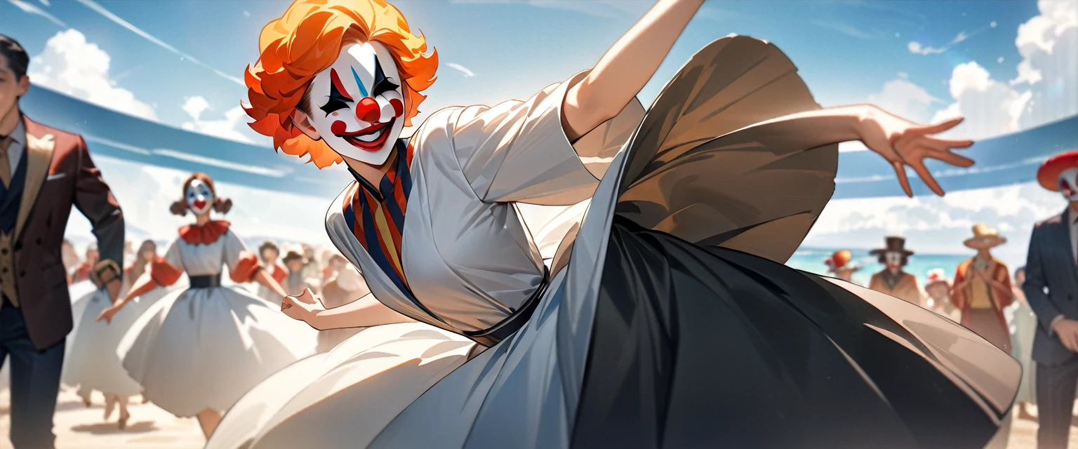 (((masterpiece,Highest quality))),(((A clown of unknown gender and face))),((Dancing wildly)),(A wilderness with an empty horizon,Sky displayed in a virtual texture),Focus on people,(high quality),アニメ