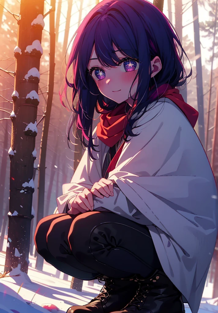 aihoshino, Ai Hoshino, Long Hair, bangs, (Purple eyes:1.1), Purple Hair, (Symbol-shaped pupil:1.5), smile,,smile,blush,white breath,
Open your mouth,snow,Ground bonfire, Outdoor, boots, snowing, From the side, wood, suitcase, Cape, Blurred, , forest, White handbag, nature, Squat, Mouth closed, Cape, winter, Written boundary depth, Black shoes, red Cape break looking at viewer, Upper Body, whole body, break Outdoor, forest, nature, break (masterpiece:1.2), Highest quality, High resolution, unity 8k wallpaper, (shape:0.8), (Beautiful and beautiful eyes:1.6), Highly detailed face, Perfect lighting, Highly detailed CG, (Perfect hands, Perfect Anatomy),