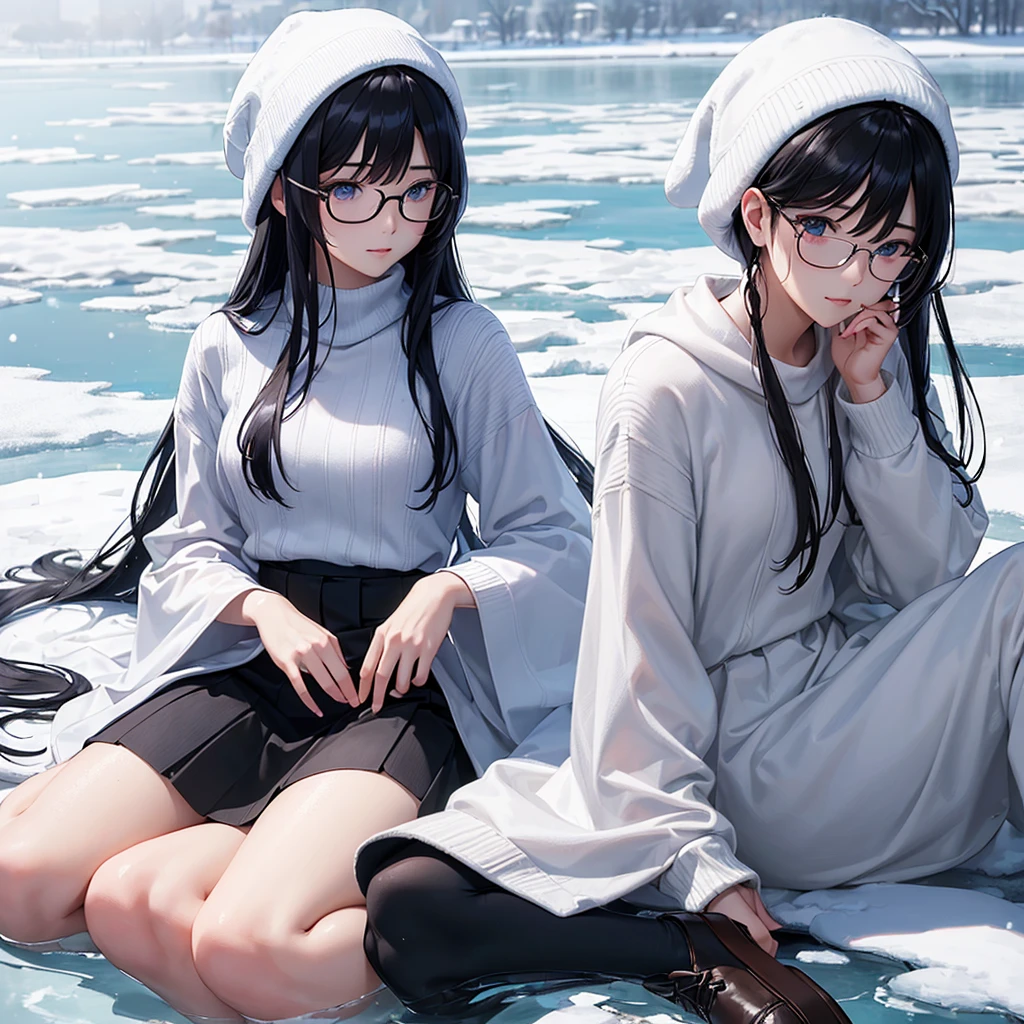 ((masterpiece、highest quality、detailed))、4k、8k、Haigress、(Glasses),(beautiful black hair,transparent hair, translucent hair:1.2),(silky hair, shiny hair, straight long 1.3),messy hair、knit hat、(beautiful blue eyes, translucent eyes girl:1.1)、(guy wearing the same thing but male outfit) Scarf、sweater、asymmetric skirt、pantyhose、coat、girl sitting with an asian guy、slight smile、mature、detailed、((sunlight、shine、snow、snow、frozen lake、sparkling lake))